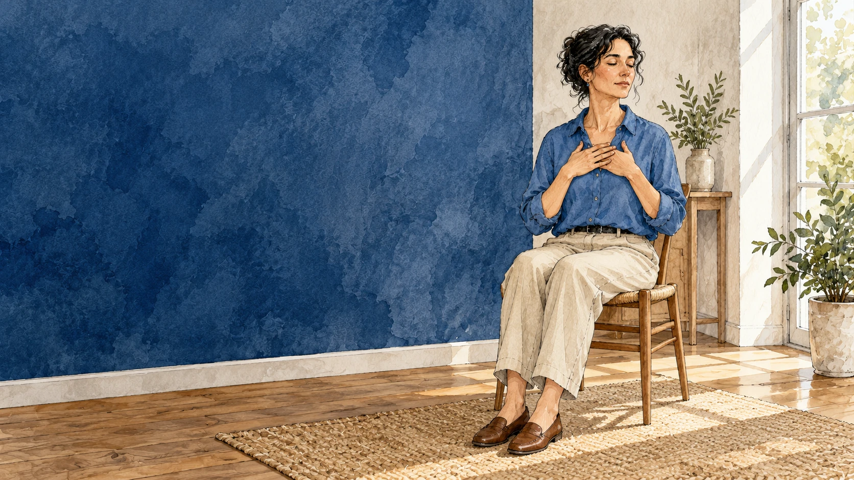 Una donna seduta pratica l’autotrattamento Reiki con le mani sul petto