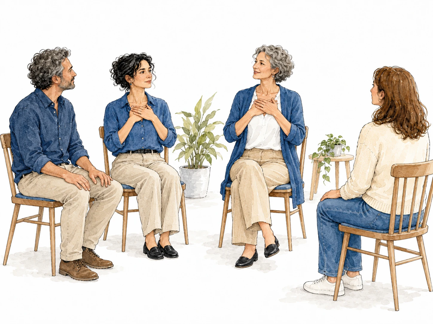 Un’insegnante e tre partecipanti apprendono insieme la pratica Reiki