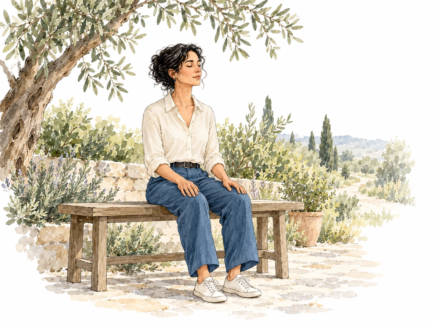 Una donna si raccoglie in meditazione su una panchina in giardino