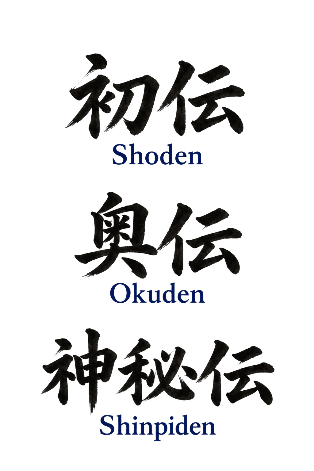 初伝 Shoden, 奥伝 Okuden e 神秘伝 Shinpiden, in calligrafia giapponese su fondo uniforme