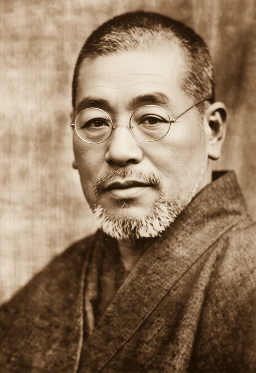 Ritratto rielaborato di Mikao Usui in tonalità seppia