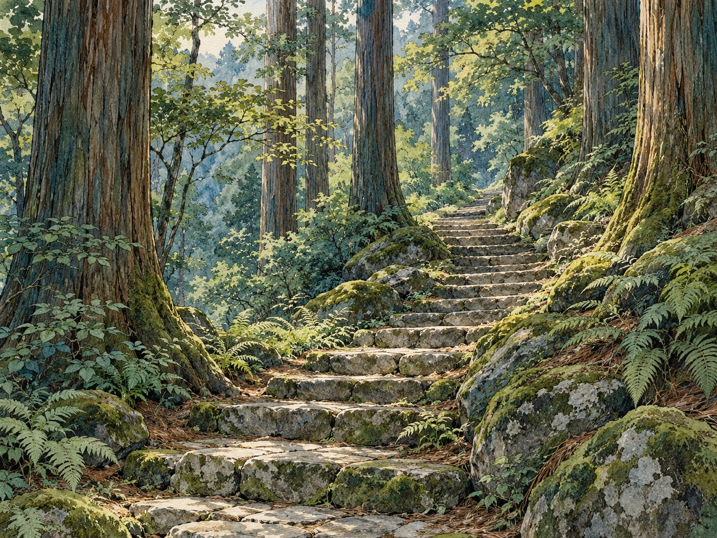 Illustrazione evocativa di un sentiero a gradini tra cedri e muschio, ispirata al Monte Kurama
