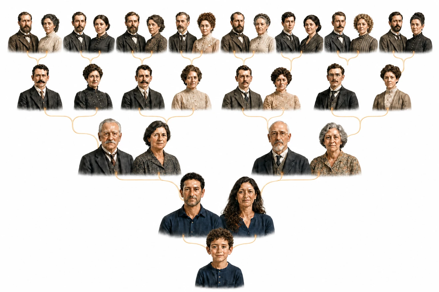 Un bambino, i genitori e quattro generazioni precedenti collegati lungo la linea genealogica