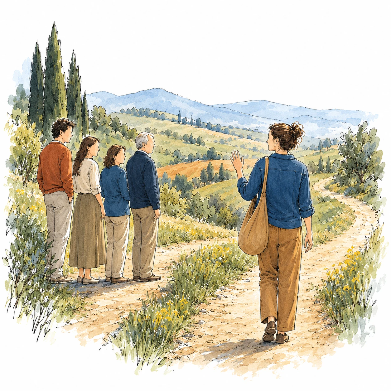 Una donna percorre un sentiero mentre la famiglia la osserva.