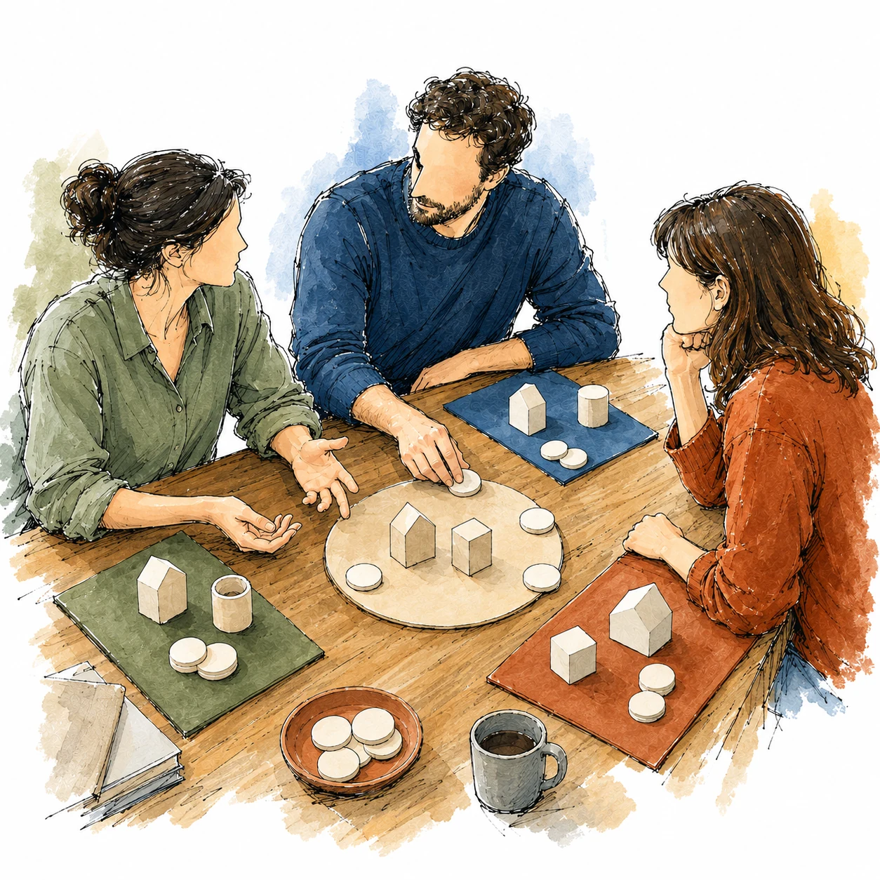 Tre adulti discutono attorno a un tavolo.